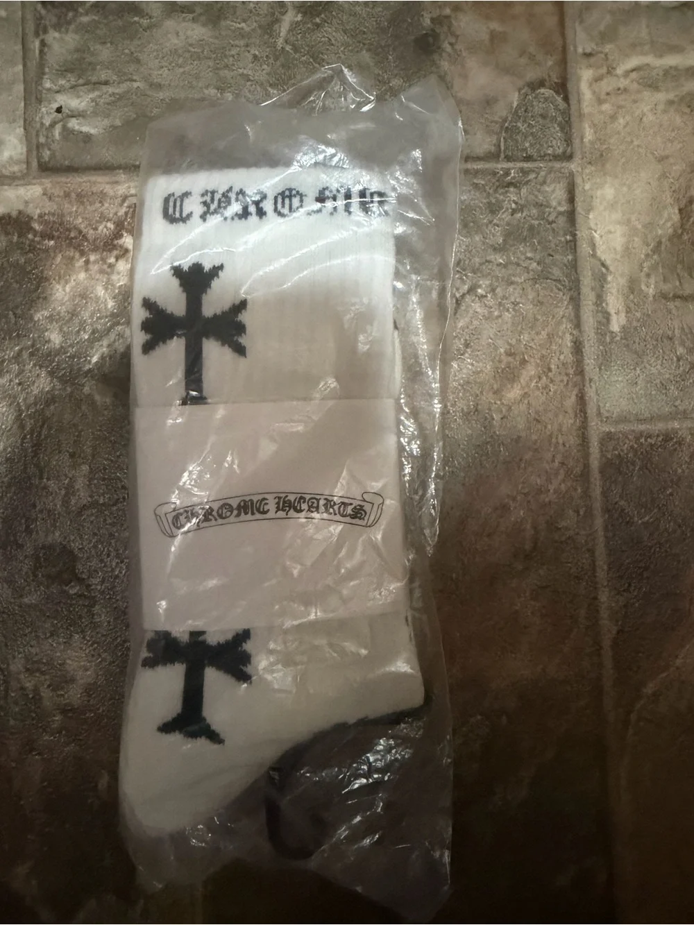 Chrome Hearts White Crew Socks with Black Cross Motifs